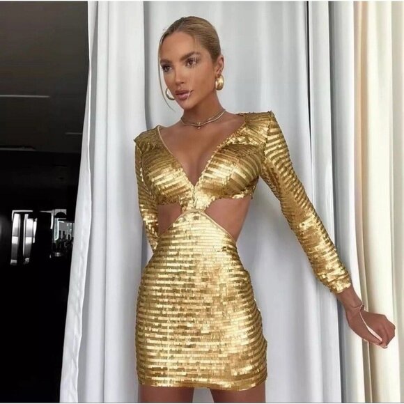 Women Sequin Mini Dress Cut Out Large Gold/Yellow V-Neck Long Sleeve Zipper Back - Picture 2 of 14